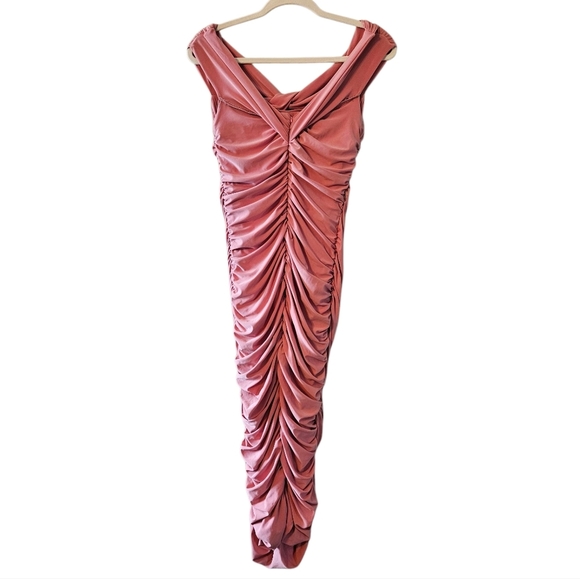 Club L London Pink Maternity Bardot Knot Ruched Cocktail Midi Dress Size US 10. - Picture 7 of 12